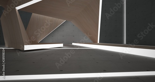 Abstract  concrete  glass and wood interior  with neon lighting. 3D illustration and rendering.