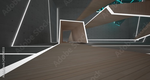 Abstract  concrete, glass and wood interior  with neon lighting. 3D illustration and rendering.