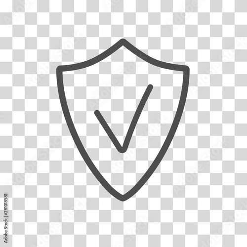 Security assurance icon with tick sign. Safety icon. Privacy banner. Security label. Flat style sticker shape. Safeguard simple sign. Linear pictogram. 