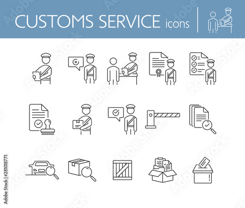 Customs post icons. Set of line icons. Document inspection, customs control, document box. Inspection concept. Vector illustration can be used for topics like immigration, shipment, logistics