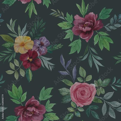 Seamless watercolor flowers pattern. Hand painted flowers. Flower pattern for design. Seamless floral pattern. Drawn flowers for packaging, wallpaper, fabric. roses flower and leaves. © Sergei