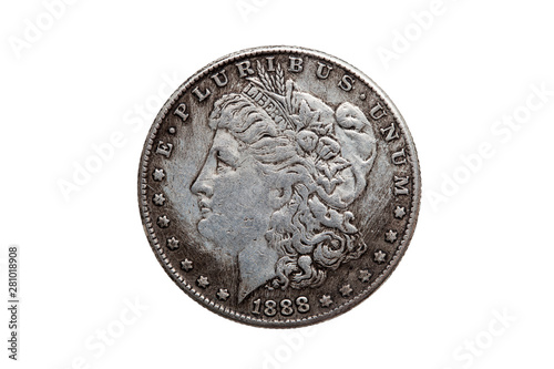 USA One Dollar Morgan Silver Coin replica dated 1880 with a portrait image of Liberty on the obverse cut out and isolated on a white background