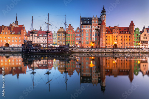 Gdansk with beautiful old town over Motlawa river at sunrise, Poland.