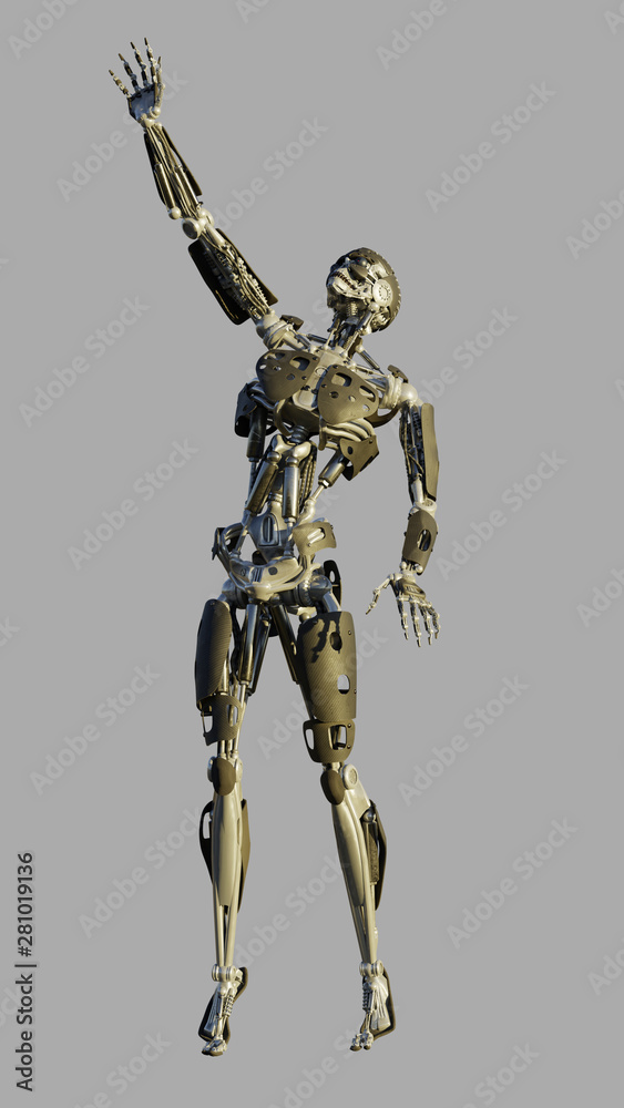 Science fiction illustration of a futuristic humanoid robot reaching upwards, 3d digitally rendered illustration Science fiction illustration of a futuristic humanoid robot reaching upwards, 3d digitally rendered illustration
