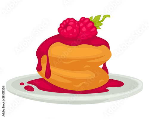 Pancakes with raspberry jam and berry with mint leaf
