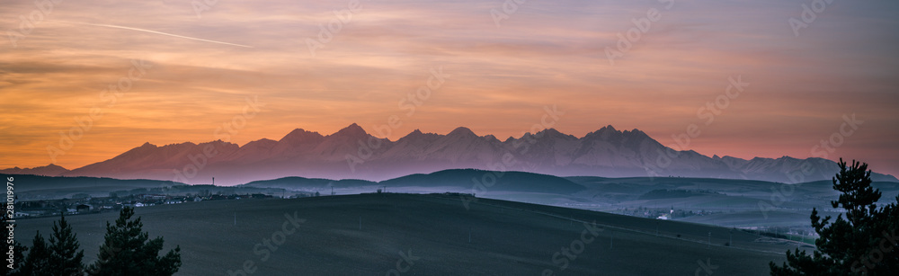 Sunset High Tatras Slovakia Panorama with beautiful colorful sky