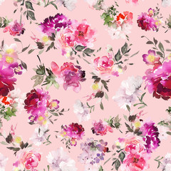 Fotobehang Lichtroze patronen Aquarel zomerbloemen handgeschilderd patroon  © Karma