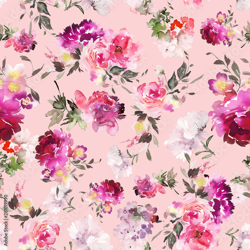 Seamless summer pattern with watercolor flowers handmade.