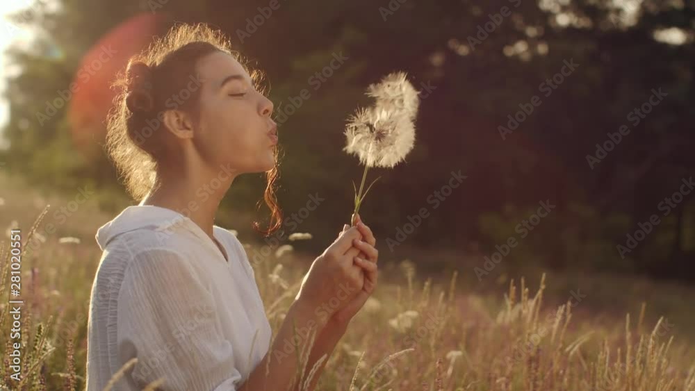 Beautiful young woman blows dandelion in a wheat field in the summer sunset. Beauty and summer concept