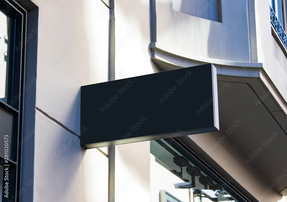 signboard mockup and template empty frame for logo or text on exterior street advertising city shop background, modern flat style signboard mockup and template empty frame for logo or text on exterior street advertising city shop background, modern flat style