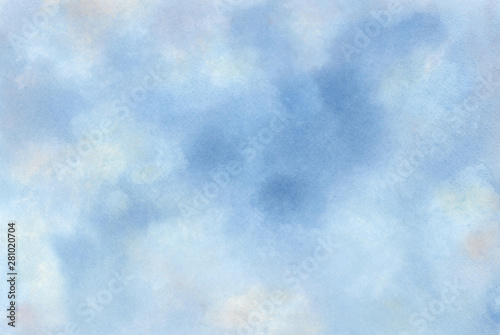 Clouds painted with watercolor. Abstract watercolor background. Hand painted illustration. Watercolor texture on paper close up. Clouds for background.