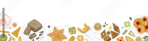 Horizontal banner template with oriental sweets on plates at bottom edge. Traditional dessert meals, tasty confections, delicious pastry food on white background. Hand drawn vector illustration.