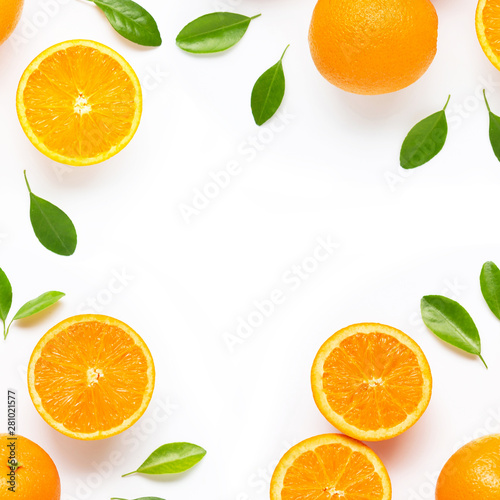 Frame made of fresh orange citrus fruit with leaves isolated on white background.