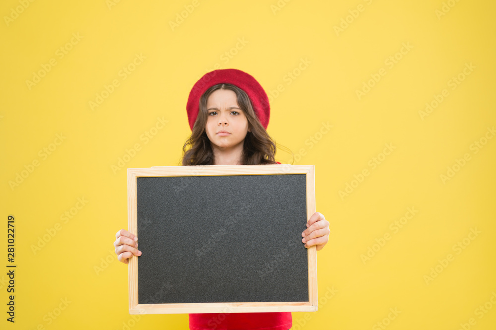 back to school. Interesting info. serious girl in french beret. information board. Fashion news. small girl kid with school blackboard, copy space. big sales. child on yellow backdrop. Difficult task back to school. Interesting info. serious girl in french beret. information board. Fashion news. small girl kid with school blackboard, copy space. big sales. child on yellow backdrop. Difficult task