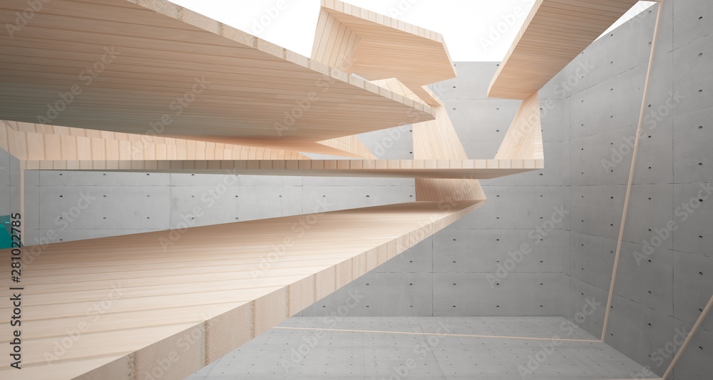 Abstract concrete, glass and wood interior with window. 3D illustration and rendering. Abstract concrete, glass and wood interior with window. 3D illustration and rendering.