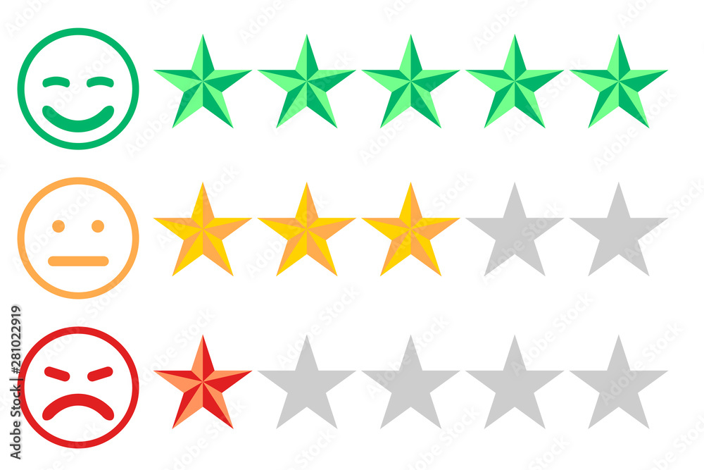 Three rows of stars of different numbers. Misc evaluations. There are emoticons next to them that show the mood when they see these stars. Each row means its mood. Three rows of stars of different numbers. Misc evaluations. There are emoticons next to them that show the mood when they see these stars. Each row means its mood.