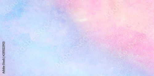 Watercolor paper textured ink effect grungy wet pastel illustration for design. Modern creative smeared blue, purple and pink shades aquarelle background for vintage card, retro template