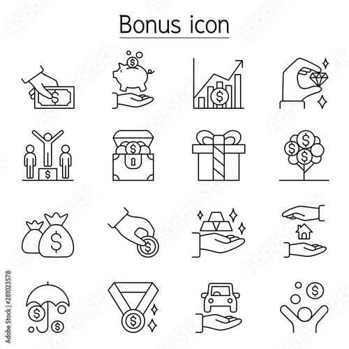 Bonus, Perk, Earning, Profit, Benefit icon set in thin line style