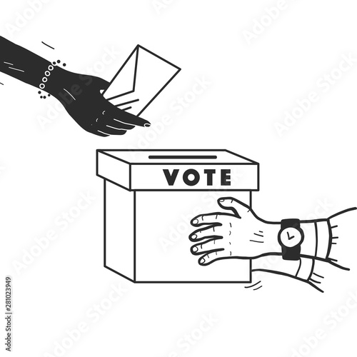 Vector vote illustration with human hands, voting bulletin and voting box isolated on white background. Hand drawn doodle style. Good for banner, placard, poster, flayer, advertising design etc.