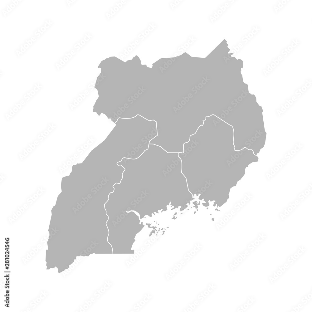 Vector isolated illustration of simplified administrative map of Uganda. Borders of the regions. Grey silhouettes. White outline