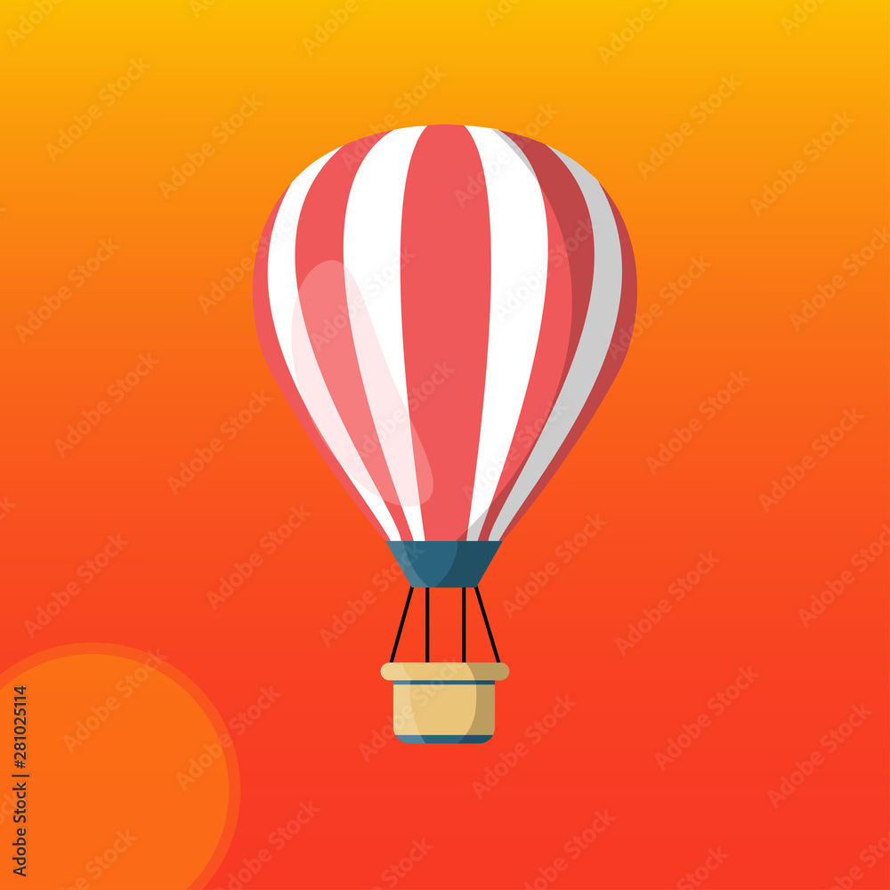 Fototapeta premium Hot air balloon with basket isolated on background. Travel, adventure, flight in sky concept. Vector flat design