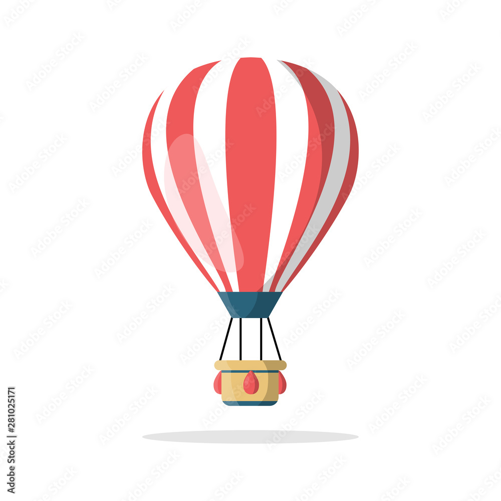 Hot air balloon with basket isolated on background. Travel, adventure, flight in sky concept. Vector flat design