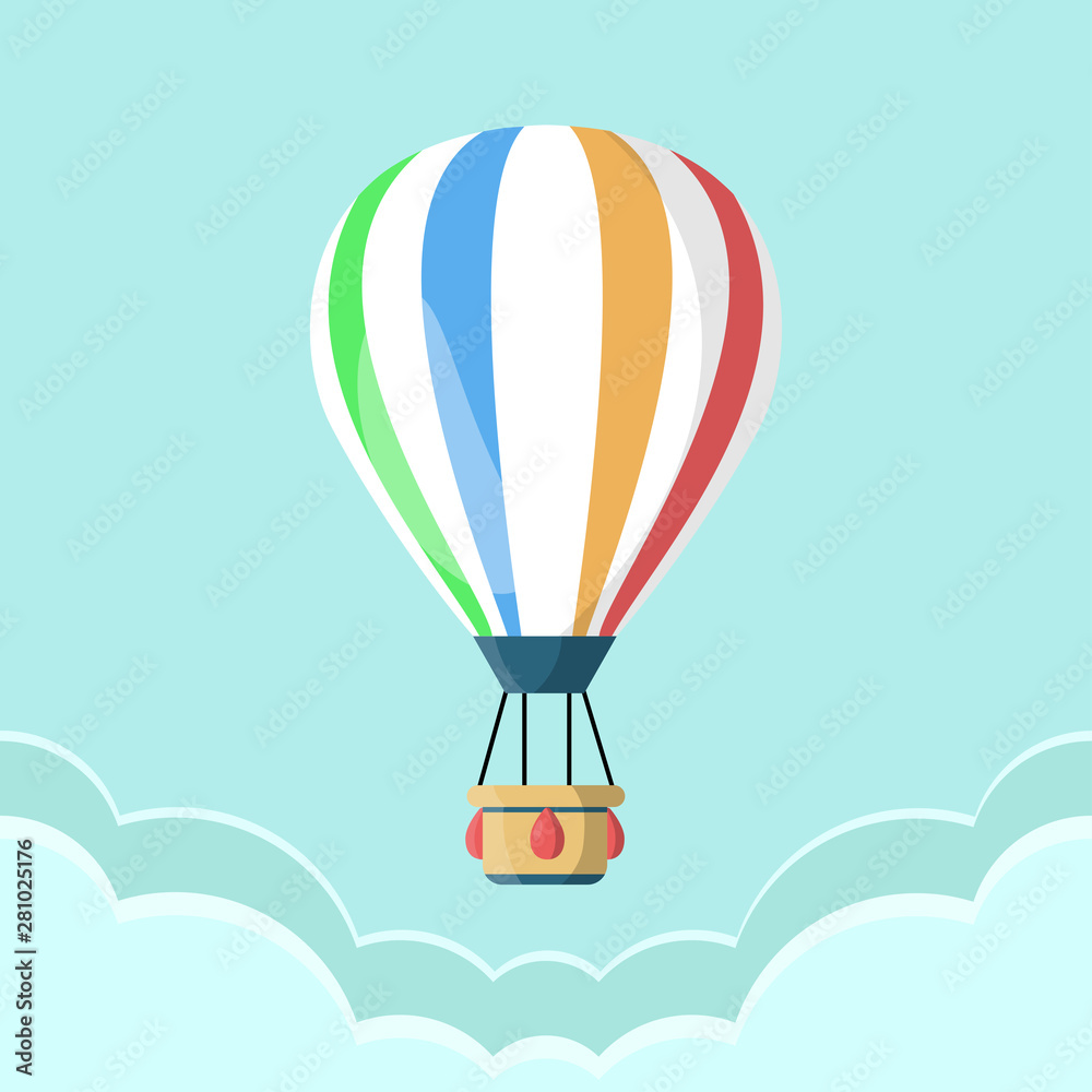 Fototapeta premium Hot air balloon with basket isolated on background. Travel, adventure, flight in sky concept. Vector flat design