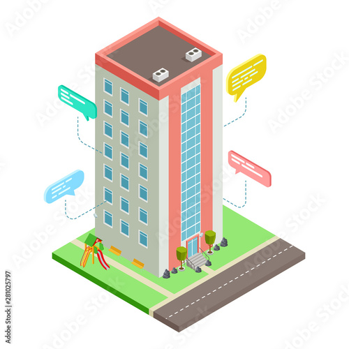 Communication between neighbors, neighborhood social network vector isometric concept. Illustration of neighborhood communication, neighbor people