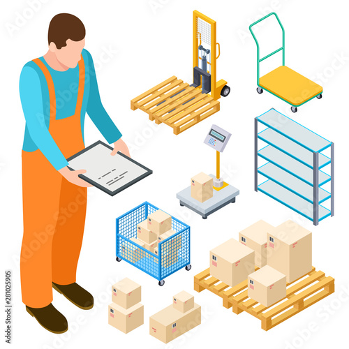 Warehouse equipment, trolley, parcels isometric vector collection. Illustration of trolley and forklift, storage isometry distribution