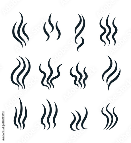 Smell icons. Flowing heat, cooking steam warm aroma smells stinks mark, steaming vapour odour vector isolated line symbols. Smell fume, scent line odor illustration