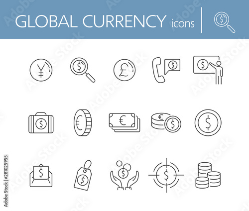 Global currency icon set. Dollar, cash, tax. Finances concept. Can be used for topics like converting money, trade, economy