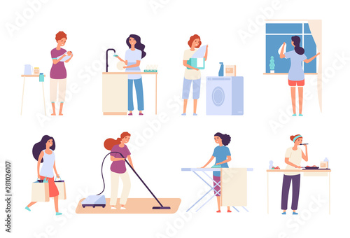 Housewives. Woman housewife doing housework, happy mother cooks in kitchen, ironing and cleaning, vacuuming. Cartoon vector characters. Illustration of housewife mother, housework cooking and wash