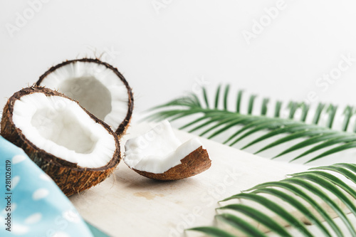 Creative layout made of coconuts and tropical leaves. Food concept