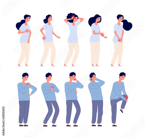 Pain people. Persons feeling toothache headache pain in arms legs and chest. Suffering female male. Body illness vector characters. Illustration of toothache and headache, pain and ache