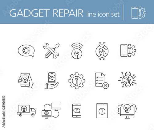 Gadget repair line icon set. Wrench, gear, smartphone, computer. Digital gadgets concept. Can be used for topics like technical help, assistance, breakdown, failure