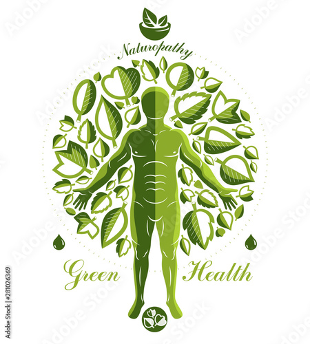Vector graphic illustration of strong male composed with green tree leaves and mortar and pestle. Raw food diet concept, no gm theme.