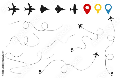 Plane paths vector. Aircraft tracking, planes silhouettes, location pins isolated on white background. Illustration of route flight line, air jet travel
