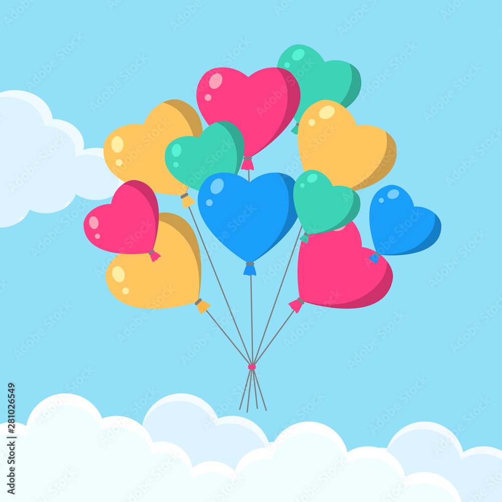 Helium air balloon, heart balls isolated on background. Happy birthday, party concept. Vector flat design