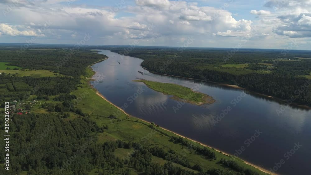 Volga, Sunny July day. Yaroslavl region, Russia (aerial video)