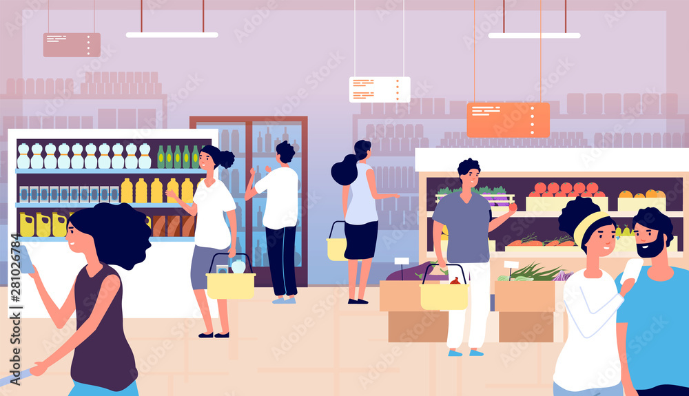 People in grocery store. Persons buy food, vegetables in supermarket.  Shopping customers choosing products. Cartoon vector concept. Grocery  market with food, store and shop retail illustration Stock Vector | Adobe  Stock