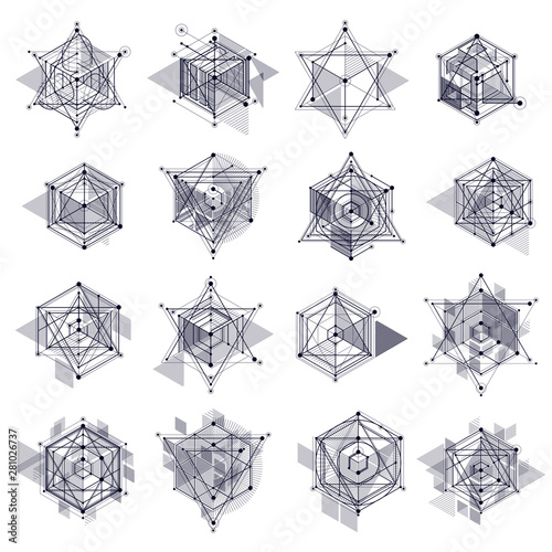Trendy geometric vector patterns set, textured abstract cube mesh black and white background. Technical plan, abstract engineering draft for use in graphic and web design.