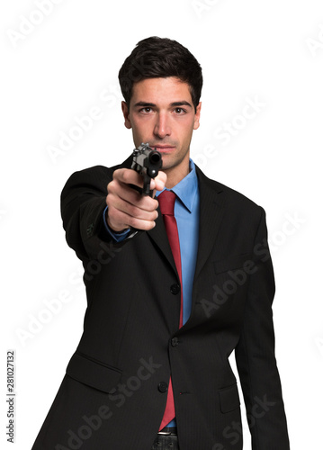 Man holding a gun. Isolated on white background