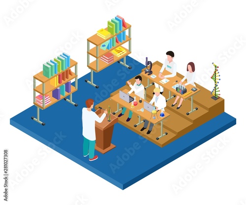 Chemistry lecture isometric. Vector medical, scientists, pharmacists students. Scientific laboratory work. Illustration of education research laboratory, scientific chemical experiment