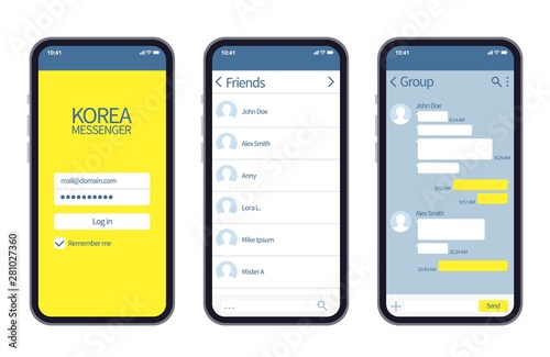 Korean messenger. Kakao talk interface with chat boxes, contact list and icons vector message template. Illustration of kakao app interface mobile photo