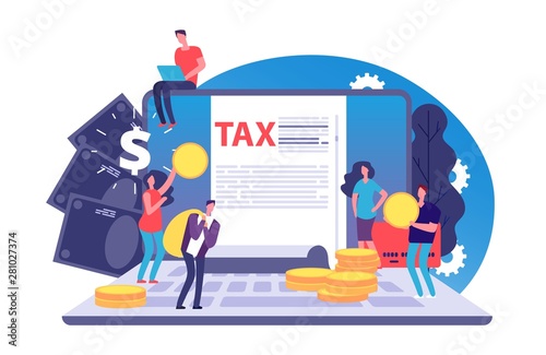 Online tax vector concept. Tax form and tiny people with money on notebook. Bill payment online. Illustration of tax online, financial accounting computer