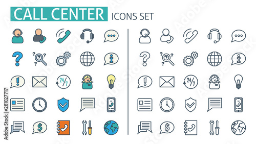Call center icons set. For customer service support mobile app, banner help, feedback