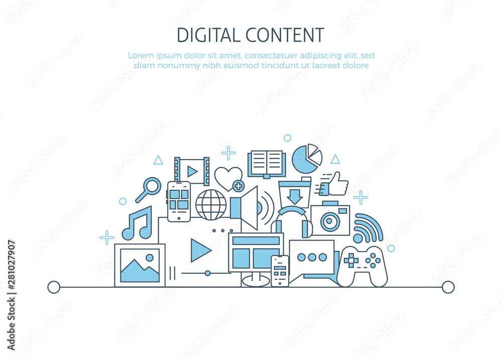 Digital content website banner. For content marketing landing page mobile app icons set Digital content website banner. For content marketing landing page mobile app icons set