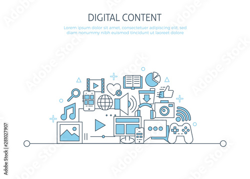 Digital content website banner. For content marketing landing page mobile app icons set