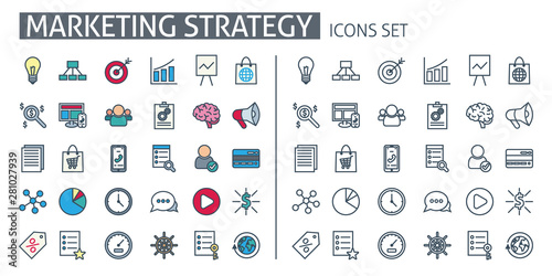 Marketing strategy icons set. For business management mobile app, promotion banner, social media
