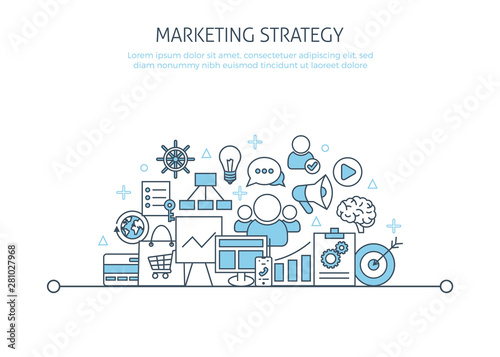 Marketing strategy website banner. For business management landing page, promotion icons